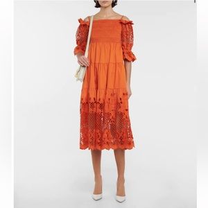 NWT Self-Portrait lattice embroidered poplin burnt orange cotton midi dress